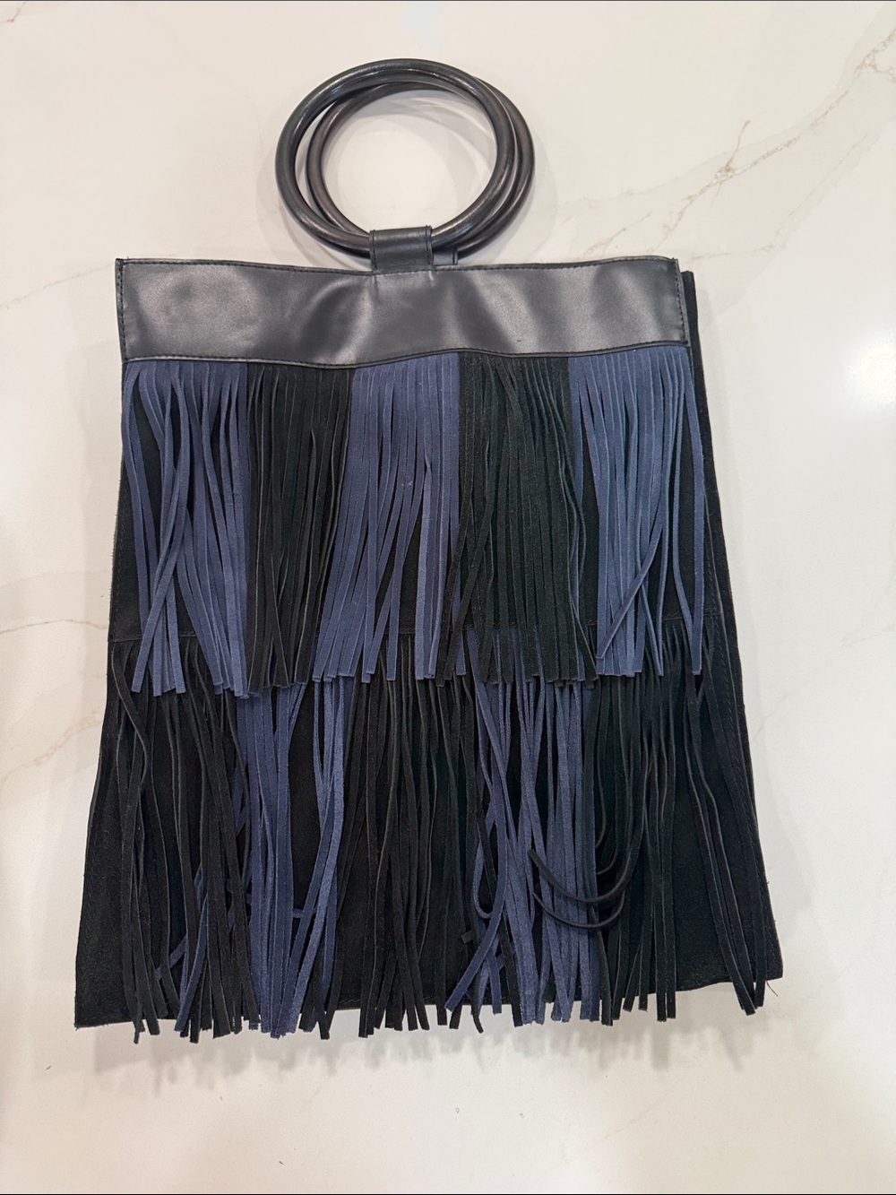 Anthropologie Black & Navy Fringe Tote with Round Handles